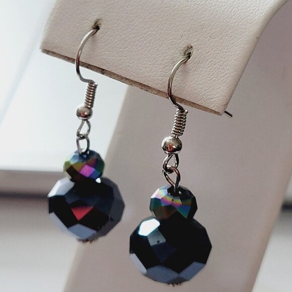 Hand Beaded Faceted Glass Drop Dangle Earrings Black Chinese Crystal Silver - Picture 2 of 7